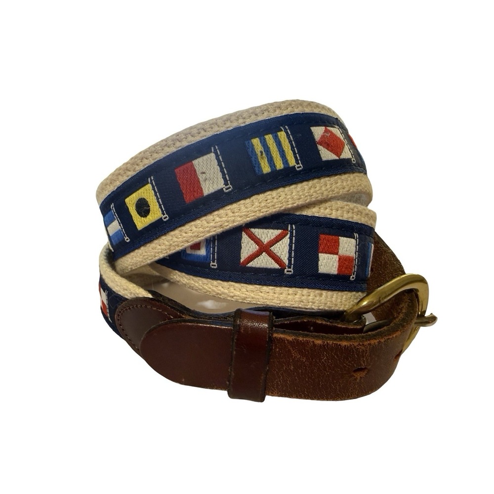 Leather Man Belt Sz 40 Nautical Flags Sailing Boat Essex CT USA Brass Buckle